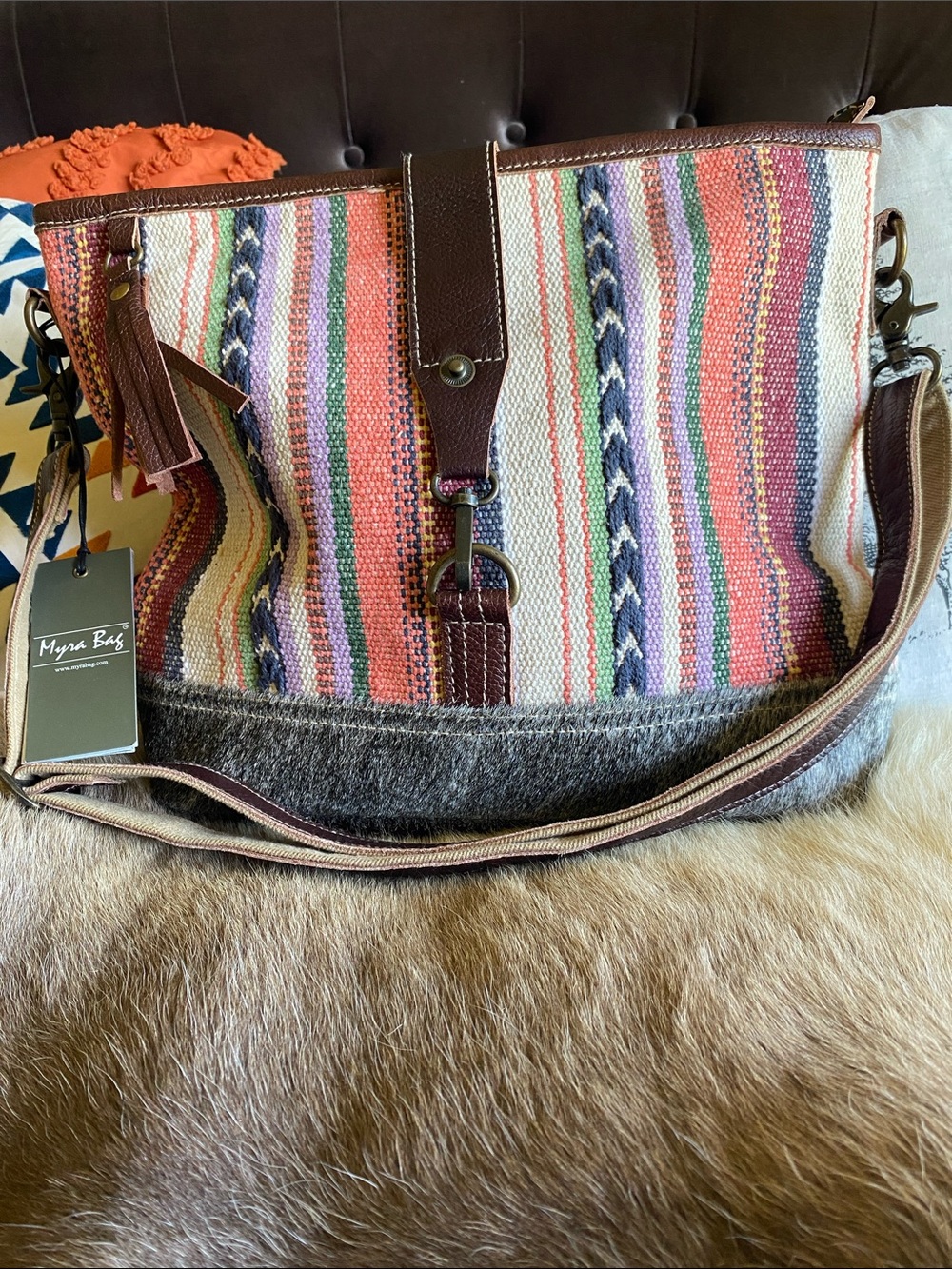 Myra Bag Multicolor Woven Strip, Gray Cowhide & Brown Leather Crossbody Tote